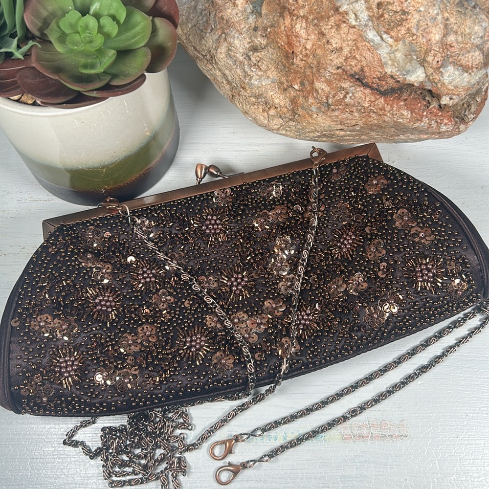 Carlo Fellini Beaded Kiss Lock Crossbody Clutch Wristlet 2 Chains Brown Copper - Picture 15 of 15